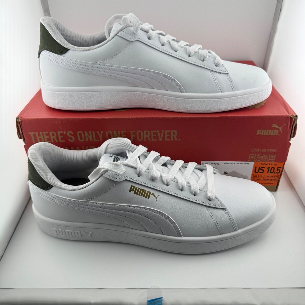 Puma Ace Court Shoe Mens 10.5 White Green Low Top Sneakers 1957396 Tennis Style